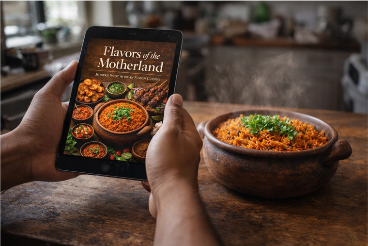 Person holding a tablet with 'Flavors of the Motherland' cookbook next to a bowl of food on a wooden table.
