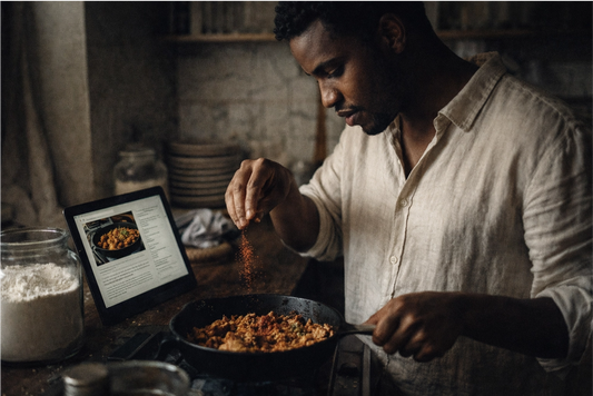 Man cooking in a kitchen with a tablet  displaying a recipe