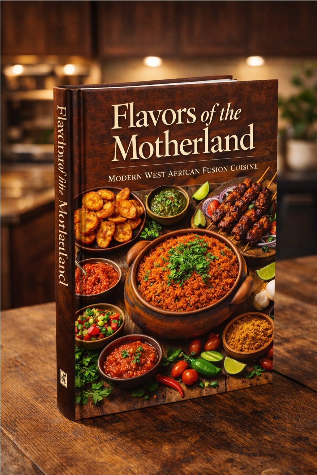 Cookbook titled 'Flavors of the Motherland' on a wooden surface with a kitchen background.