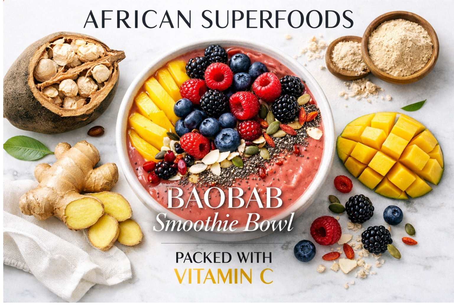Baobab smoothie bowl with fruits and superfoods on a light background