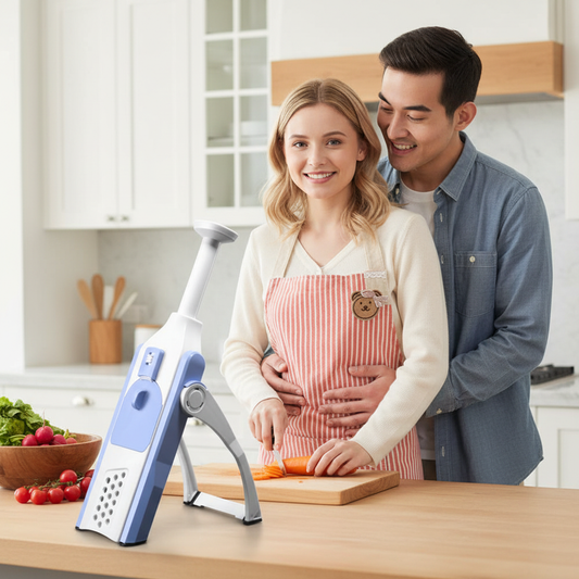 Stel kookt samen met groentesnijder in Amerikaanse keuken